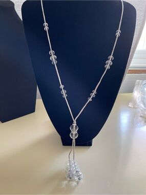Clear Crystal Bead Lariat Necklace - White